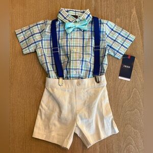NWT! Adorable IZOD Baby Boy 4 Piece Suspenders Shirt Set l Size: 12 Month